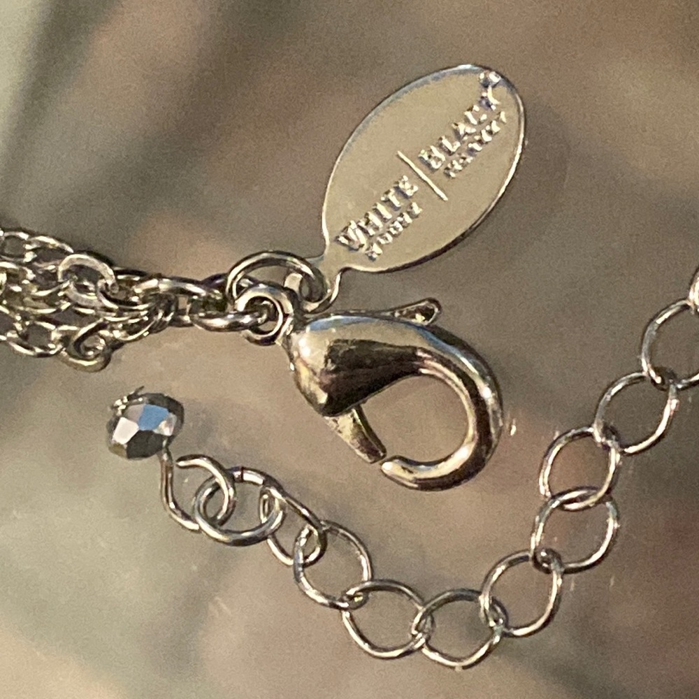 WHBM - silver tone bib necklace w 5 large & small rhinestone discs, multi chains - Picture 5 of 16